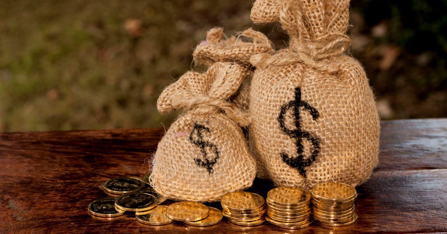 Bolsa de dinheiro com moedas na frente